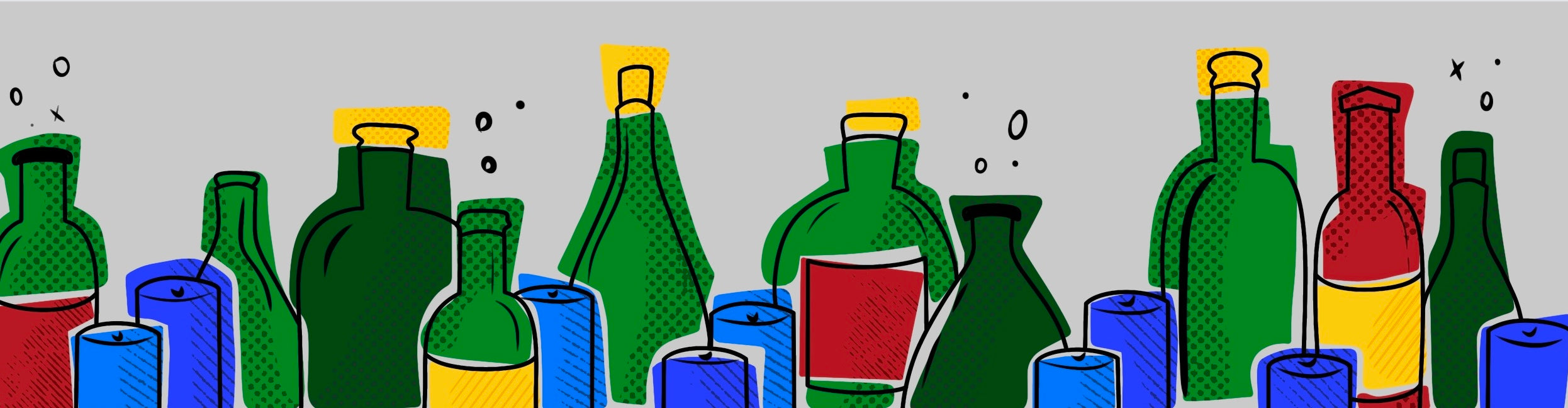 Green and red wine bottles with yellow caps and labels. Blue and light blue beer cans.