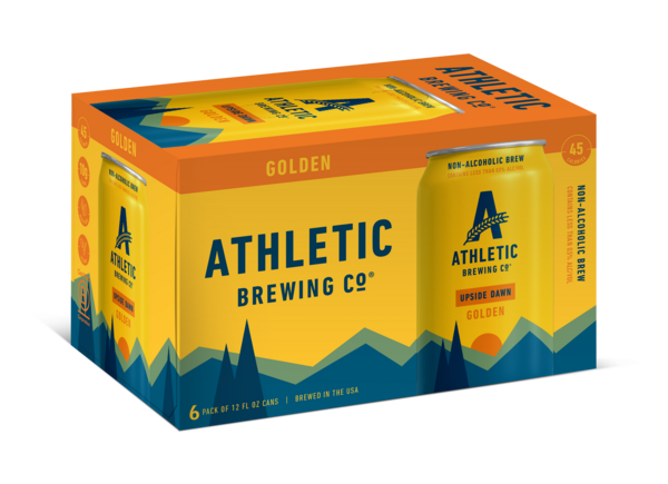 yellow and orange 6-pack box of athletics non-alcoholic golden beer